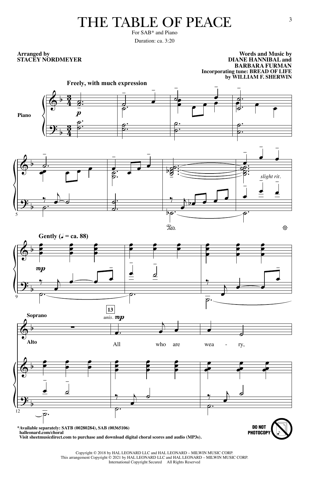 Learn to play Diane Hannibal & Barbara Furman The Table Of Peace (arr. Stacey Nordmeyer) sheet music for SAB Choir in minutes. Price: 3.9900$ Diane Hannibal & Barbara Furman The Table Of Peace (arr. Stacey Nordmeyer) sheet music notes and chords arranged for SAB Choir