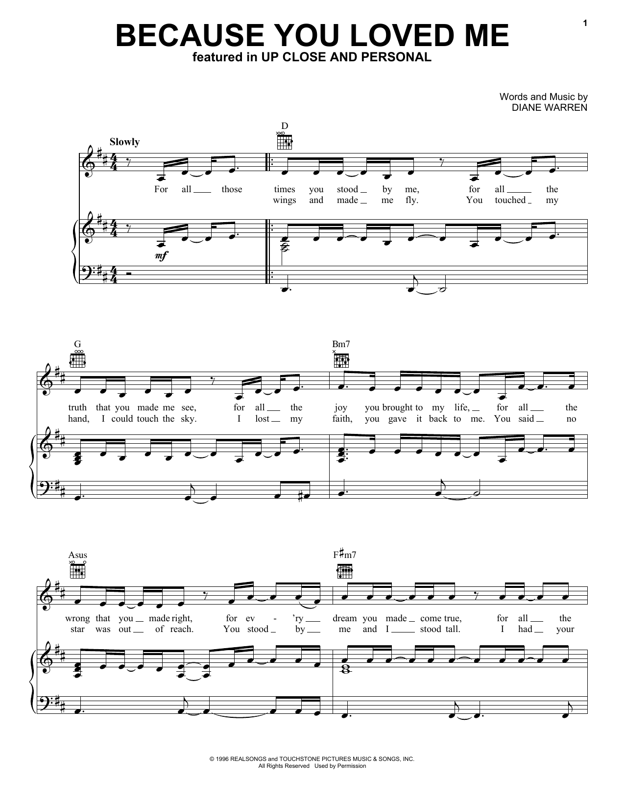 Diane Warren Because You Loved Me sheet music notes and chords. Download Printable PDF.
