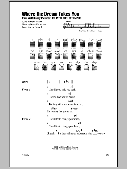 Learn to play Diane Warren Where The Dream Takes You (from Atlantis: The Lost Empire) sheet music for Big Note Piano in minutes. Price: 6.9900$ Diane Warren Where The Dream Takes You (from Atlantis: The Lost Empire) sheet music notes and chords arranged for Big Note Piano