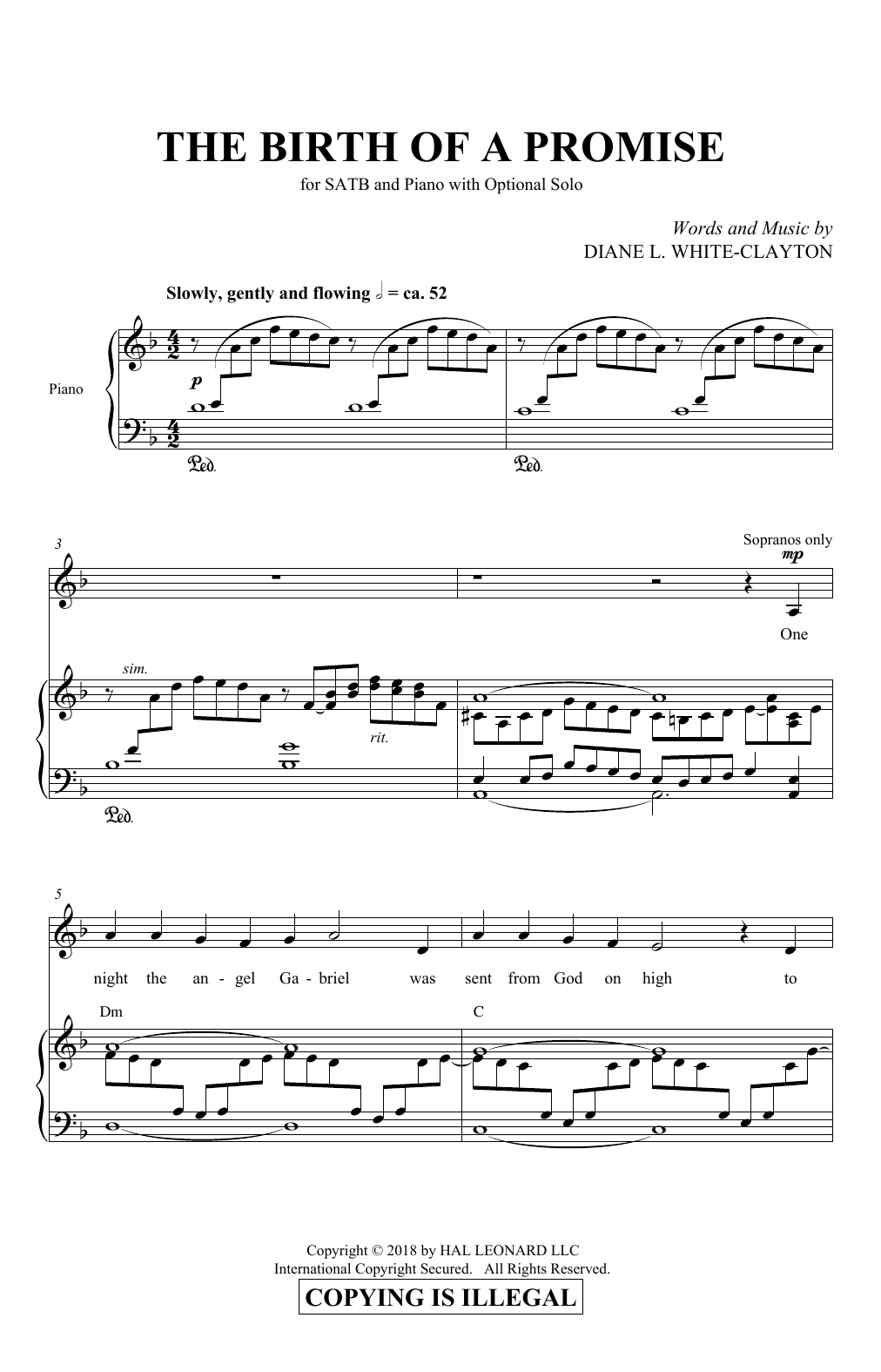 Learn to play Diane White-Clayton The Birth Of A Promise sheet music for SATB Choir in minutes. Price: 3.9900$ Diane White-Clayton The Birth Of A Promise sheet music notes and chords arranged for SATB Choir