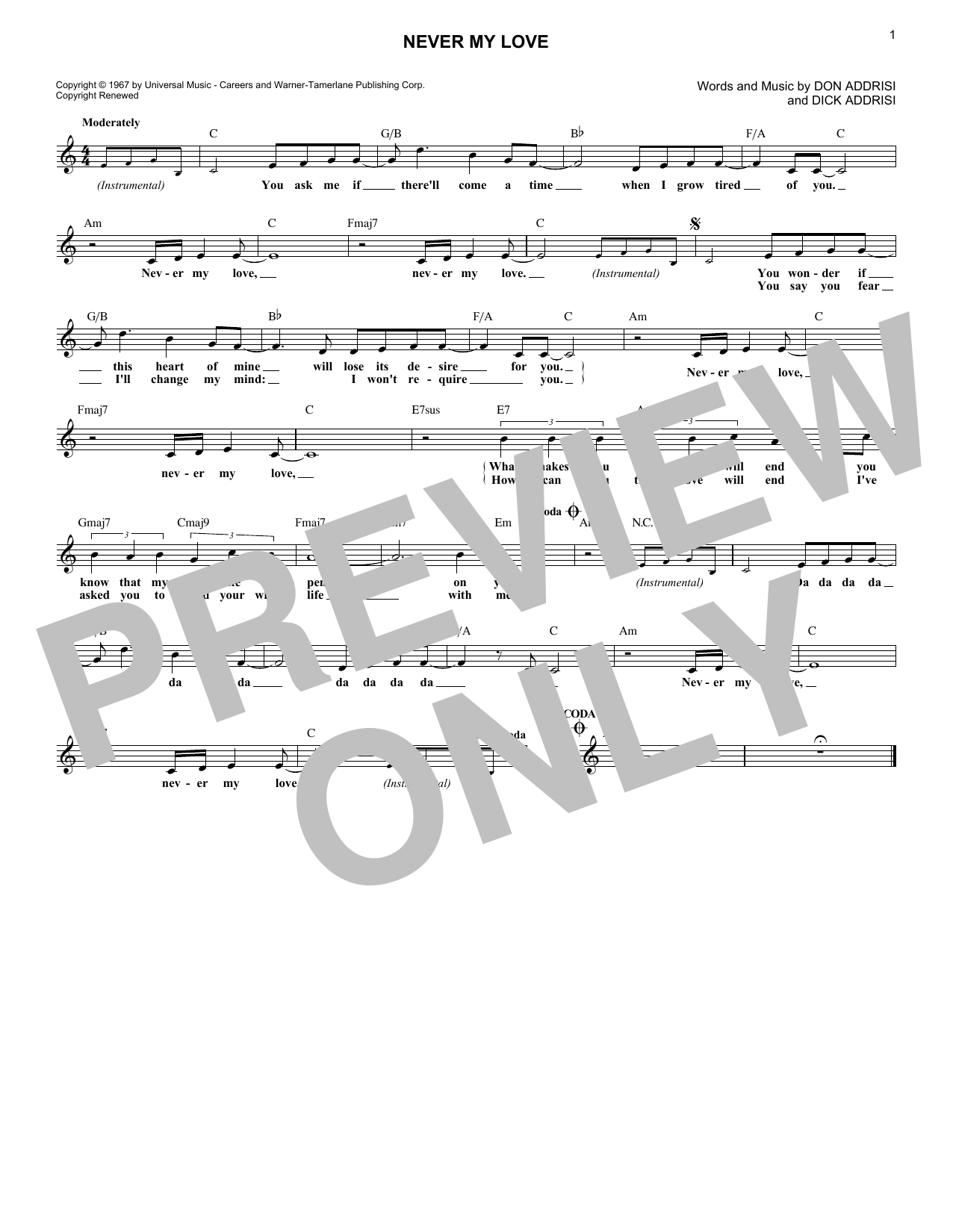 Dick Addrisi Never My Love sheet music notes and chords. Download Printable PDF.