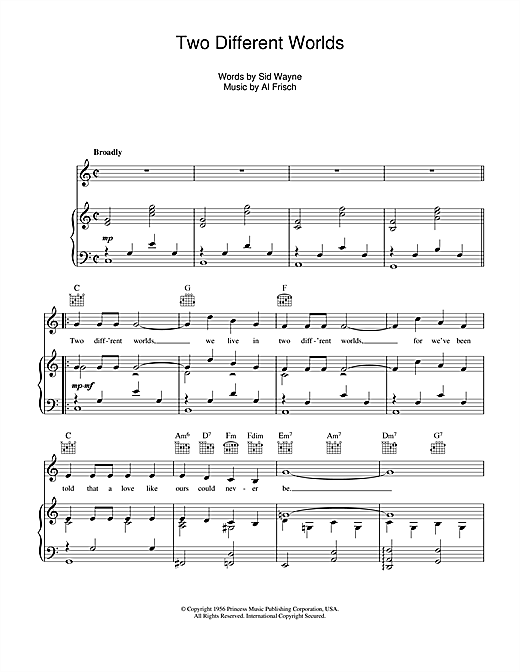 Learn to play Dick Haymes Two Different Worlds sheet music for Piano, Vocal & Guitar (Right-Hand Melody) in minutes. Price: 7.8900$ Dick Haymes Two Different Worlds sheet music notes and chords. Download Printable PDF.