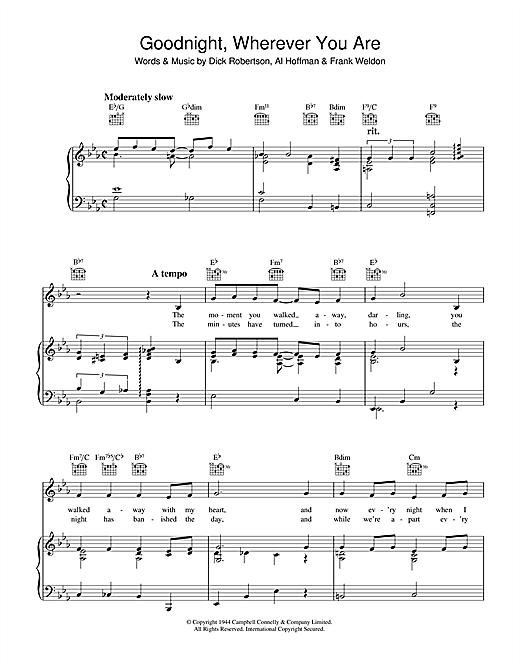 Learn to play Dick Robertson Goodnight, Wherever You Are sheet music for Piano, Vocal & Guitar (Right-Hand Melody) in minutes. Dick Robertson Goodnight, Wherever You Are sheet music notes and chords. Download Printable PDF.