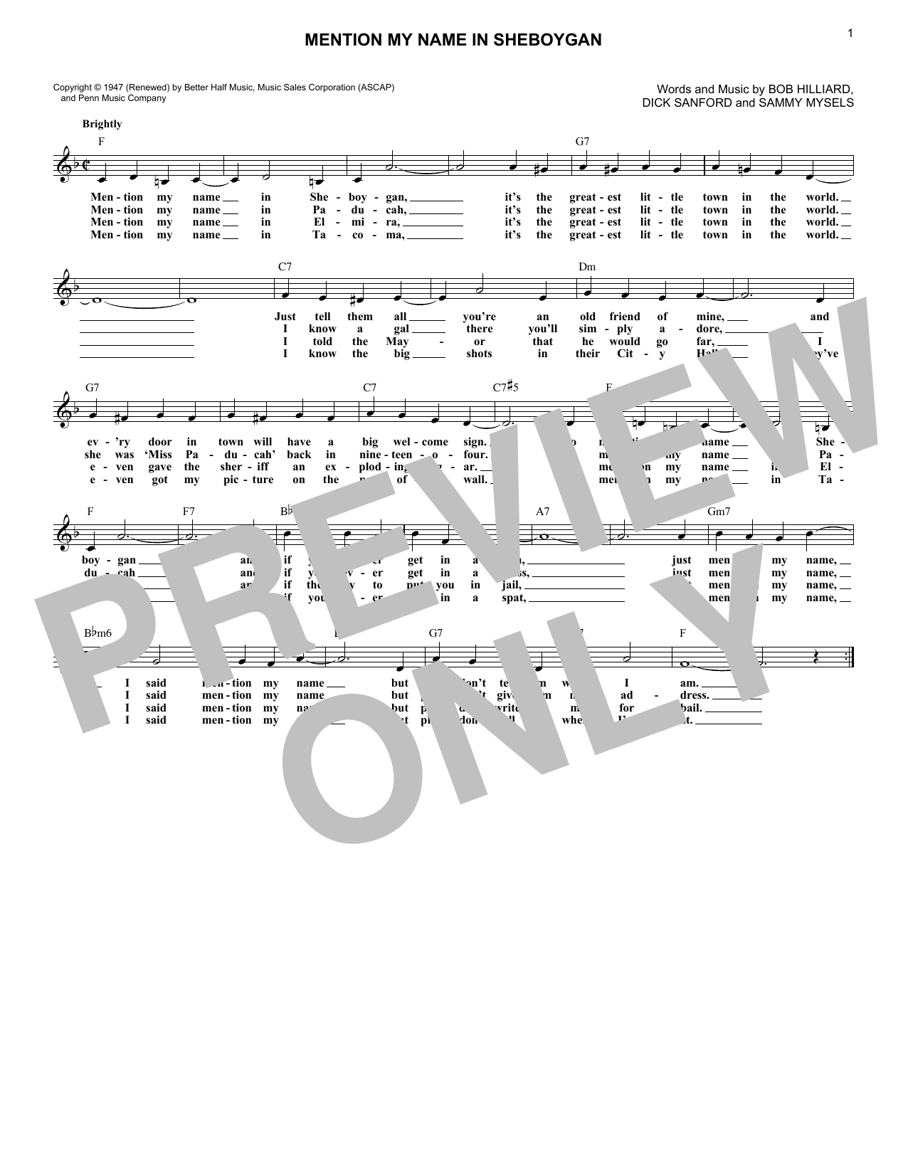 Learn to play Dick Sanford Mention My Name In Sheboygan sheet music for Lead Sheet / Fake Book in minutes. Price: 5.9900$ Dick Sanford Mention My Name In Sheboygan sheet music notes and chords arranged for Lead Sheet / Fake Book