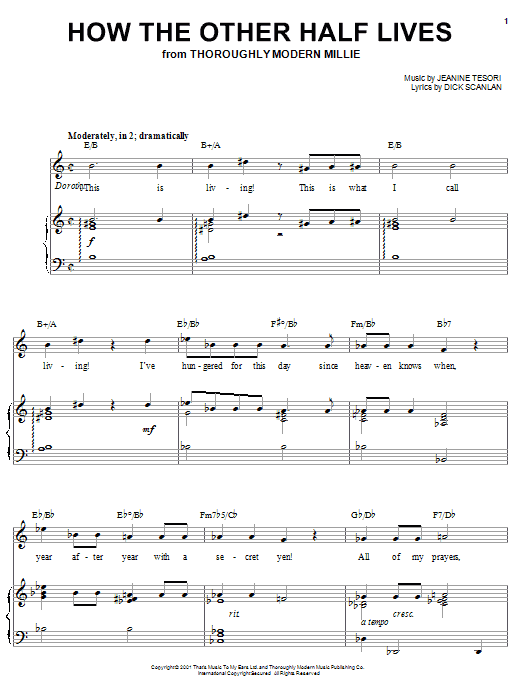 Learn to play Dick Scanlan How The Other Half Lives (from Thoroughly Modern Millie) sheet music for Piano, Vocal & Guitar (Right-Hand Melody) in minutes. Price: 6.9900$ Dick Scanlan How The Other Half Lives (from Thoroughly Modern Millie) sheet music notes and chords. Download Printable PDF.