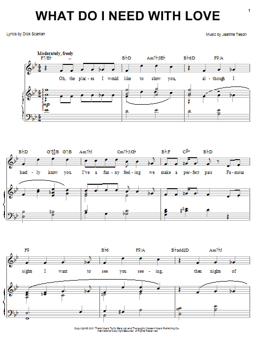 Learn to play Dick Scanlan What Do I Need With Love (from Thoroughly Modern Millie) sheet music for Piano, Vocal & Guitar (Right-Hand Melody) in minutes. Dick Scanlan What Do I Need With Love (from Thoroughly Modern Millie) sheet music notes and chords. Download Printable PDF.