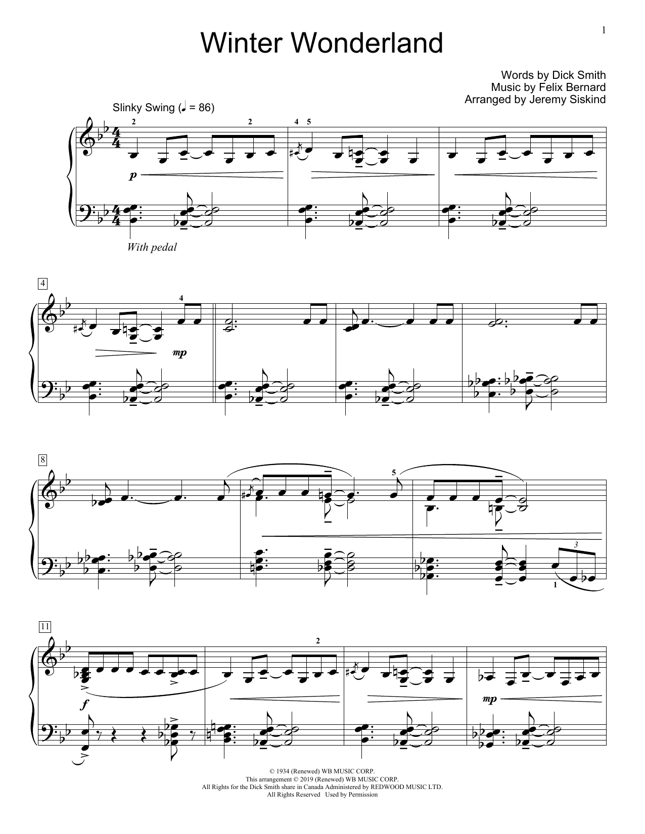 Learn to play Dick Smith and Felix Bernard Winter Wonderland (arr. Jeremy Siskind) sheet music for Educational Piano in minutes. Price: 6.9900$ Dick Smith and Felix Bernard Winter Wonderland (arr. Jeremy Siskind) sheet music notes and chords arranged for Educational Piano