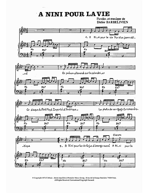 Learn to play Didier Barbelivien A Nini Pour La Vie sheet music for Piano & Vocal in minutes. Price: 6.9900$ Didier Barbelivien A Nini Pour La Vie sheet music notes and chords arranged for Piano & Vocal