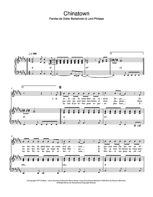Learn to play Didier Barbelivien Chinatown sheet music for Piano & Vocal in minutes. Price: 6.9900$ Didier Barbelivien Chinatown sheet music notes and chords arranged for Piano & Vocal