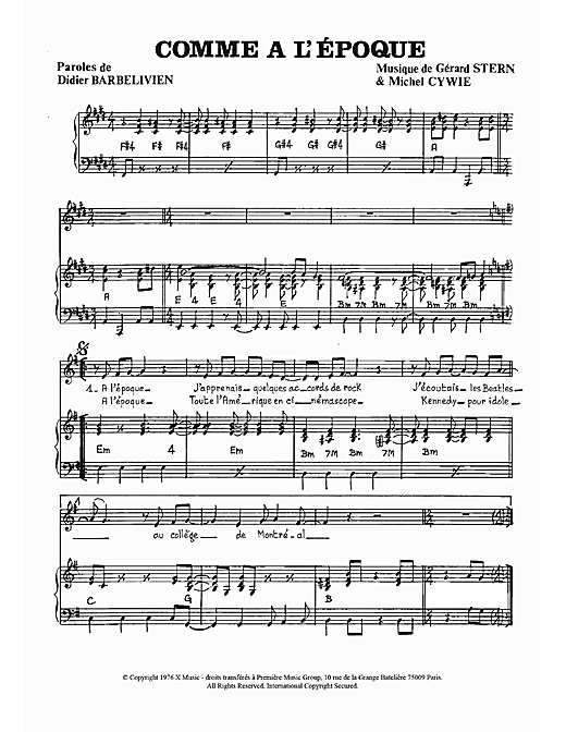 Didier Barbelivien Comme A L'epoque sheet music notes and chords arranged for Piano & Vocal
