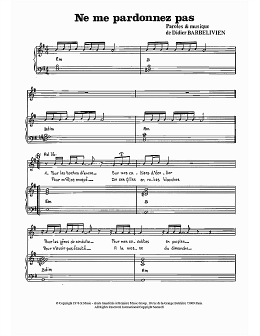 Learn to play Didier Barbelivien Ne Me Pardonnez Pas sheet music for Piano & Vocal in minutes. Price: 6.9900$ Didier Barbelivien Ne Me Pardonnez Pas sheet music notes and chords arranged for Piano & Vocal