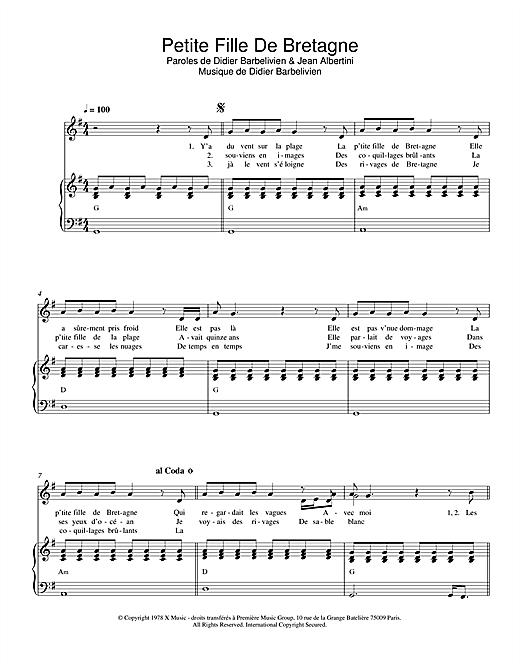 Didier Barbelivien Petite Fille De Bretagne sheet music notes and chords arranged for Piano & Vocal