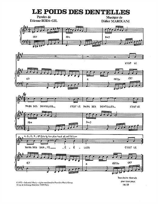 Learn to play Didier Marouani Le Poids Des Dentelles sheet music for Piano & Vocal in minutes. Didier Marouani Le Poids Des Dentelles sheet music notes and chords. Download Printable PDF.