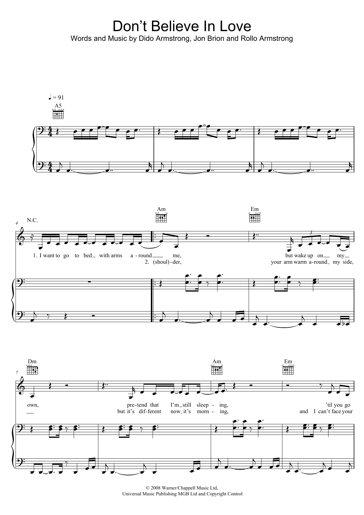 Learn to play Dido Don't Believe In Love sheet music for Piano, Vocal & Guitar Chords (Right-Hand Melody) in minutes. Price: 6.9900$ Dido Don't Believe In Love sheet music notes and chords arranged for Piano, Vocal & Guitar Chords (Right-Hand Melody)