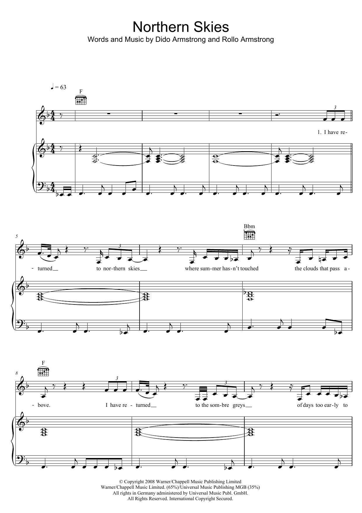 Learn to play Dido Northern Skies sheet music for Piano, Vocal & Guitar Chords (Right-Hand Melody) in minutes. Price: 6.9900$ Dido Northern Skies sheet music notes and chords arranged for Piano, Vocal & Guitar Chords (Right-Hand Melody)