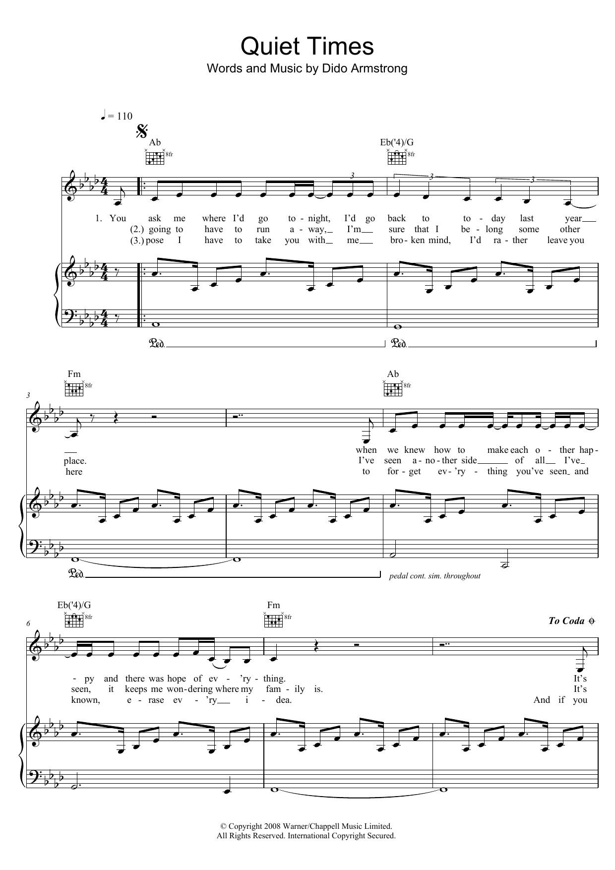 Dido Quiet Times sheet music notes and chords. Download Printable PDF.