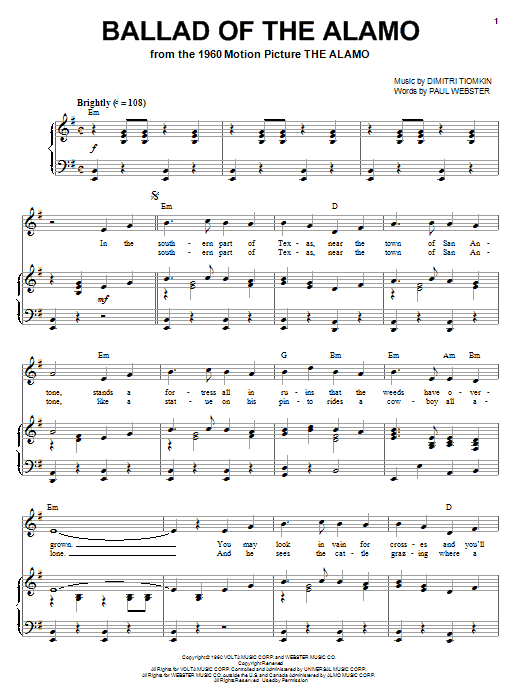 Learn to play Dimitri Tiomkin Ballad Of The Alamo sheet music for Piano, Vocal & Guitar (Right-Hand Melody) in minutes. Dimitri Tiomkin Ballad Of The Alamo sheet music notes and chords