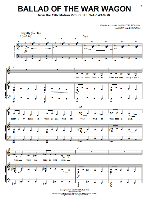 Learn to play Dimitri Tiomkin Ballad Of The War Wagon sheet music for Piano, Vocal & Guitar (Right-Hand Melody) in minutes. Dimitri Tiomkin Ballad Of The War Wagon sheet music notes and chords