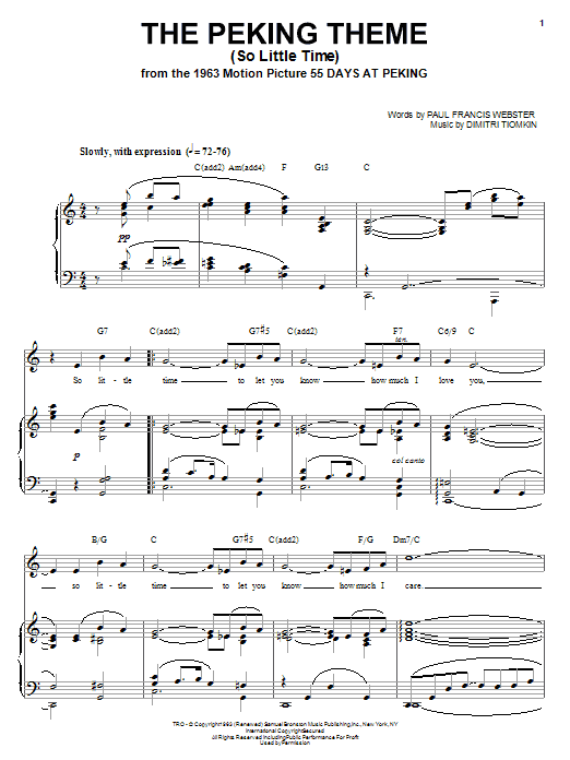 Learn to play Dimitri Tiomkin The Peking Theme (So Little Time) sheet music for Piano, Vocal & Guitar (Right-Hand Melody) in minutes. Dimitri Tiomkin The Peking Theme (So Little Time) sheet music notes and chords