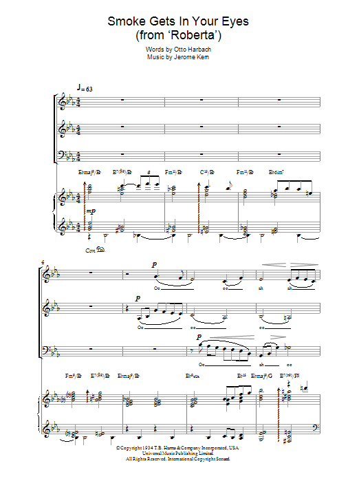 Learn to play Dinah Washington Smoke Gets In Your Eyes (from 'Roberta') sheet music for SAB Choir in minutes. Price: 4.7900$ Dinah Washington Smoke Gets In Your Eyes (from 'Roberta') sheet music notes and chords arranged for SAB Choir