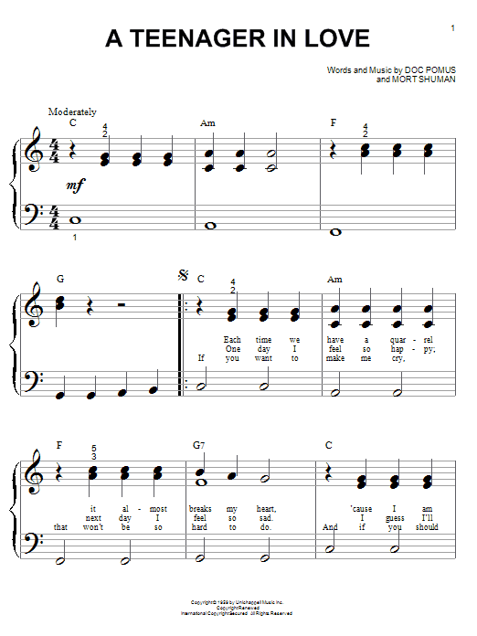 Dion & The Belmonts A Teenager In Love sheet music notes and chords. Download Printable PDF.