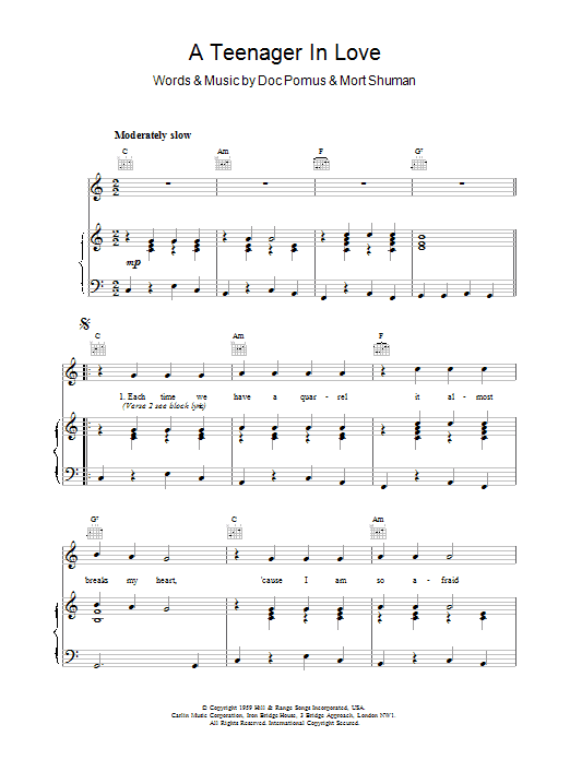Learn to play Dion & The Belmonts A Teenager In Love sheet music for Piano, Vocal & Guitar (Right-Hand Melody) in minutes. Dion & The Belmonts A Teenager In Love sheet music notes and chords. Download Printable PDF.