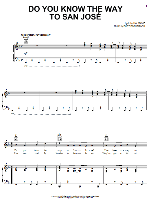Learn to play Dionne Warwick Do You Know The Way To San Jose sheet music for Piano, Vocal & Guitar (Right-Hand Melody) in minutes. Dionne Warwick Do You Know The Way To San Jose sheet music notes and chords. Download Printable PDF.