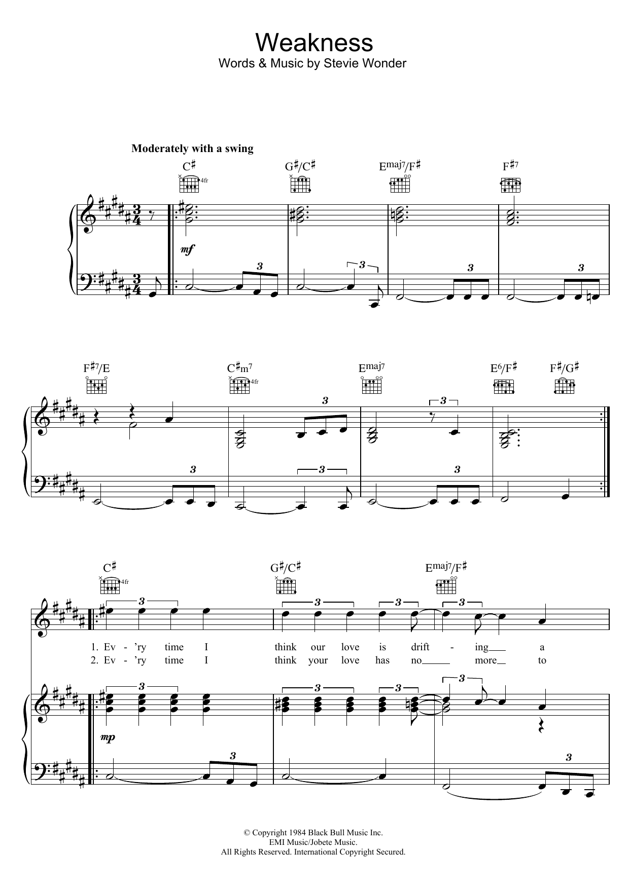 Steve Wonder & Dionne Warwick Weakness sheet music notes and chords. Download Printable PDF.