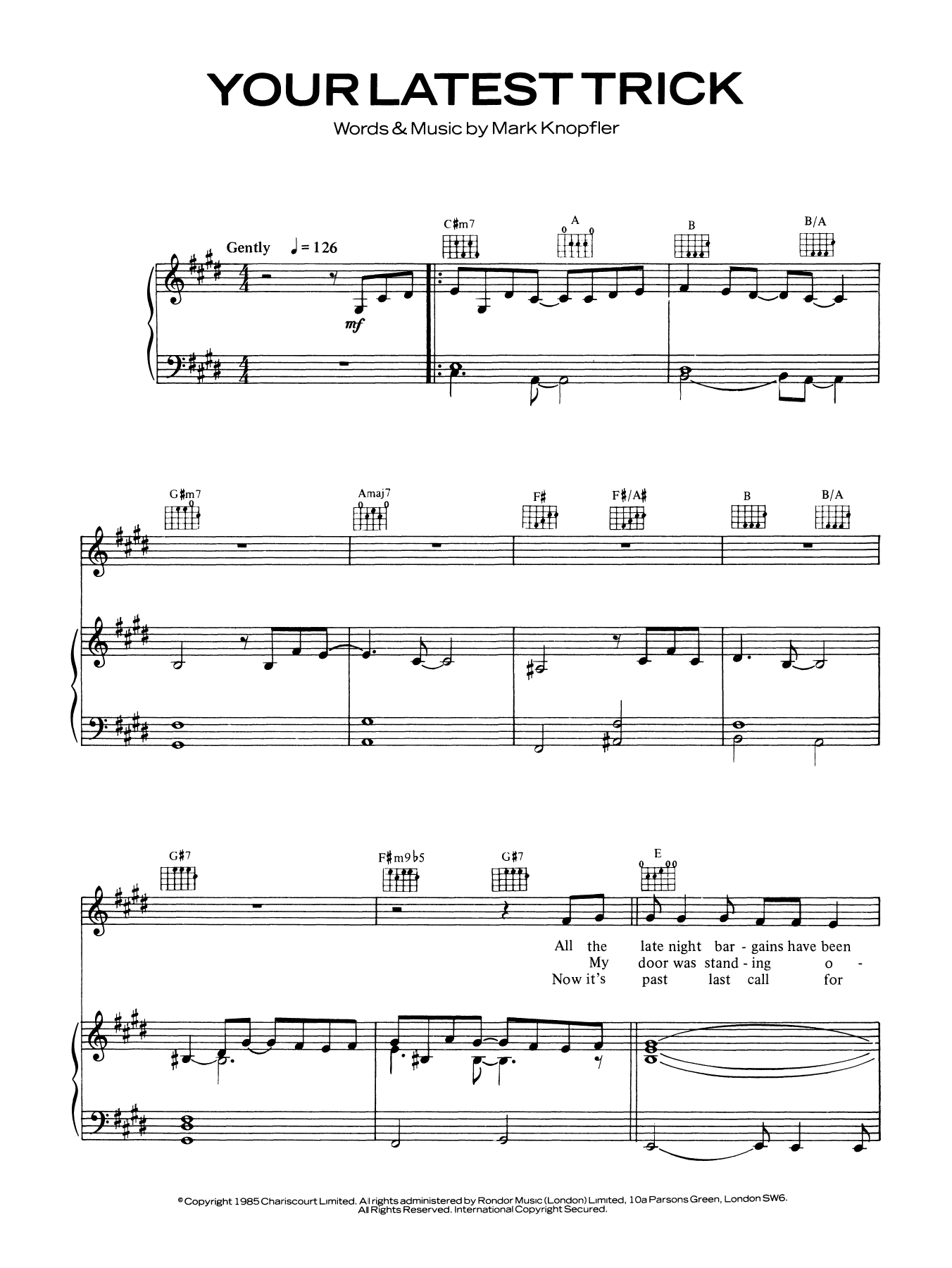 Your Latest Trick Sheet Music by Dire Straits Guitar Chords/Lyrics Download 3Page Score