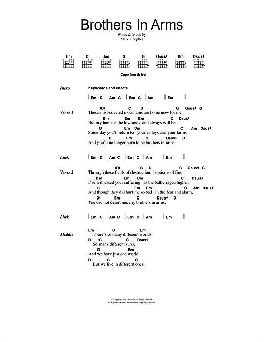 Dire Straits Brothers In Arms sheet music notes and chords. Download Printable PDF.