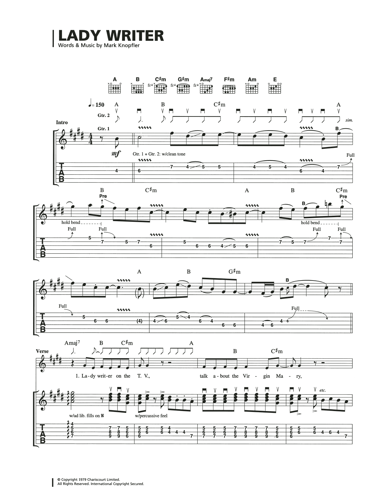 Dire Straits Lady Writer sheet music notes and chords. Download Printable PDF.