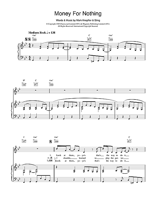 Dire Straits Money For Nothing sheet music notes and chords. Download Printable PDF.