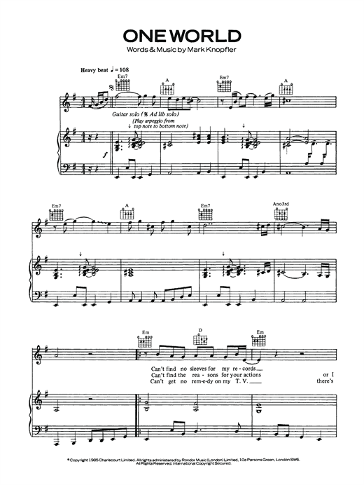 Dire Straits One World sheet music notes and chords. Download Printable PDF.