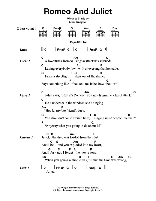 Dire Straits Romeo And Juliet sheet music notes and chords. Download Printable PDF.