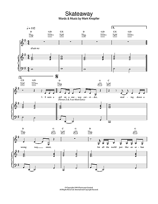 Dire Straits Skateaway sheet music notes and chords. Download Printable PDF.