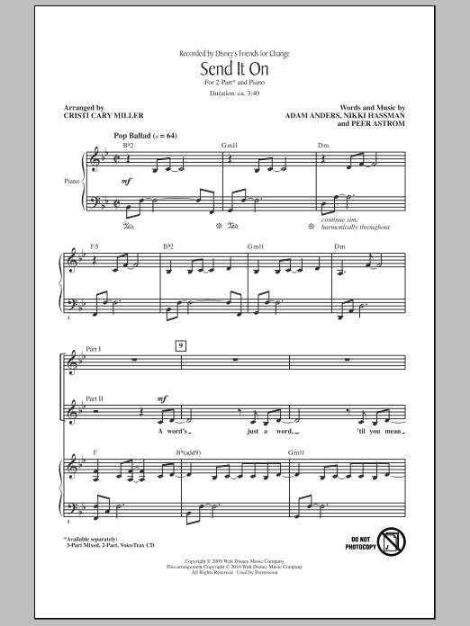 Learn to play Cristi Cary Miller Send It On sheet music for 2-Part Choir in minutes. Price: 3.9900$ Cristi Cary Miller Send It On sheet music notes and chords arranged for 2-Part Choir