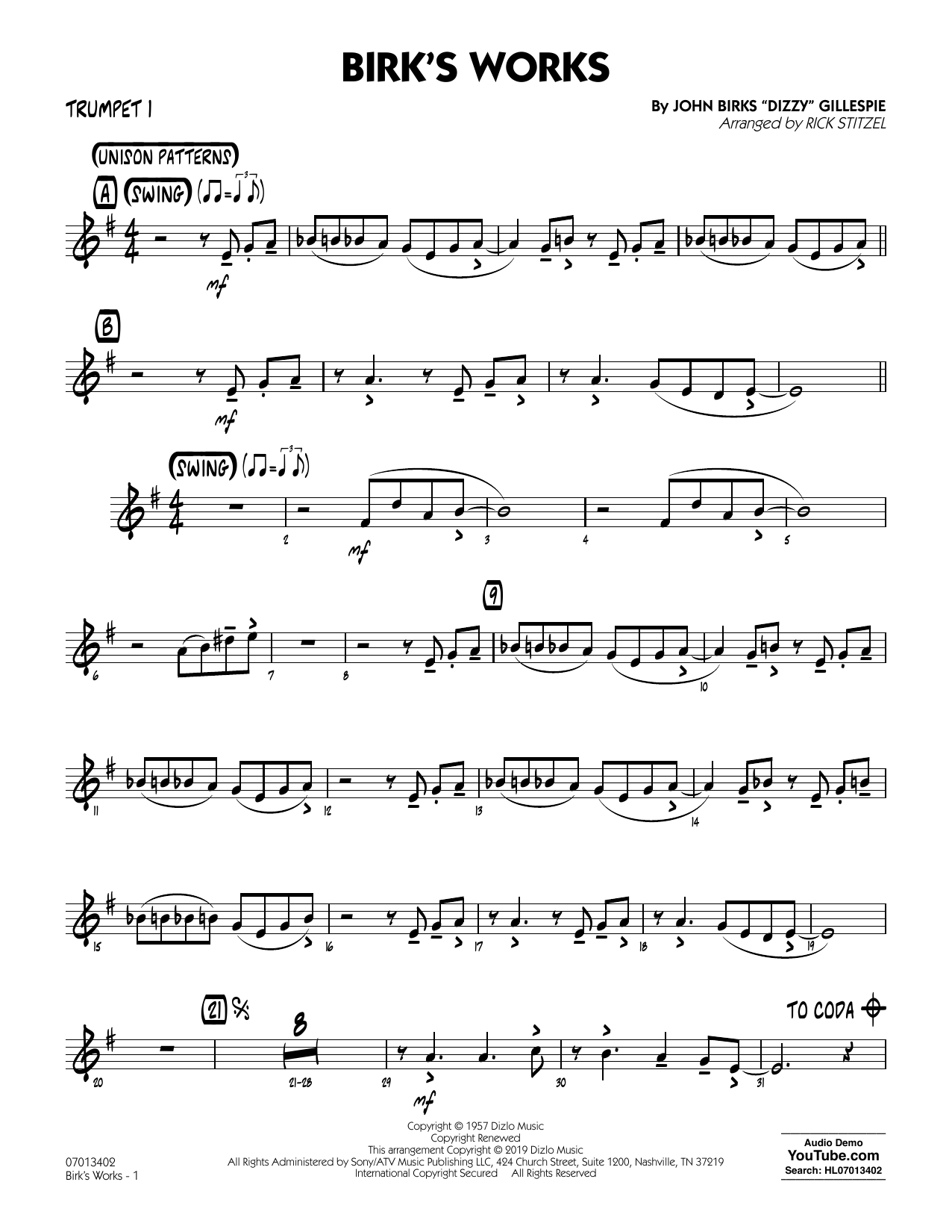 Dizzy Gillespie "Birk's Works (arr. Rick Stitzel) Trumpet 1" Sheet