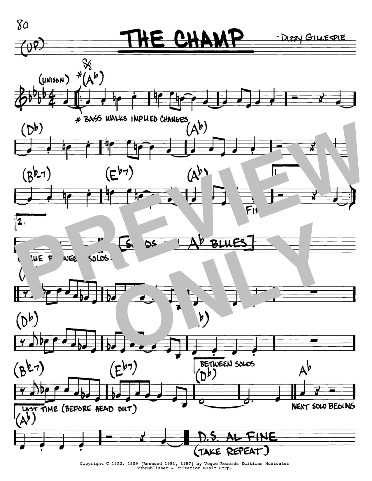 Dizzy Gillespie The Champ sheet music notes and chords. Download Printable PDF.