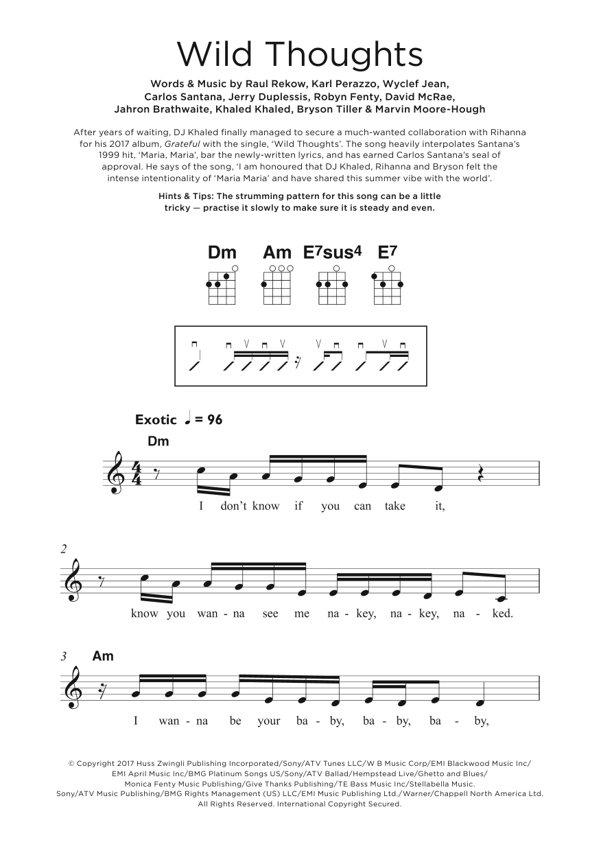 DJ Khaled Wild Thoughts (featuring Rihanna and Bryson Tiller) sheet music notes and chords. Download Printable PDF.