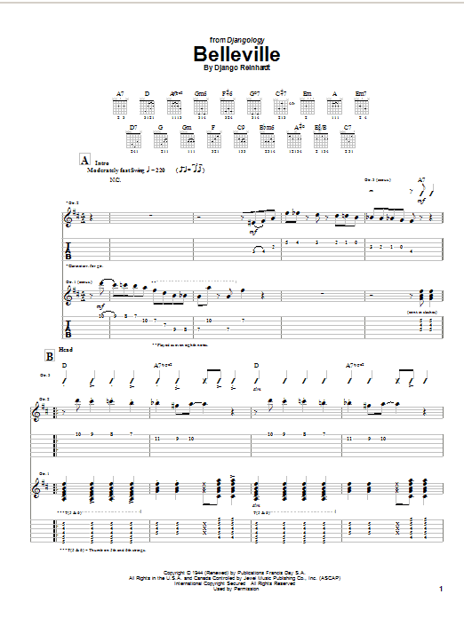 Learn to play Django Reinhardt Belleville sheet music for Guitar Tab in minutes. Django Reinhardt Belleville sheet music notes and chords. Download Printable PDF.