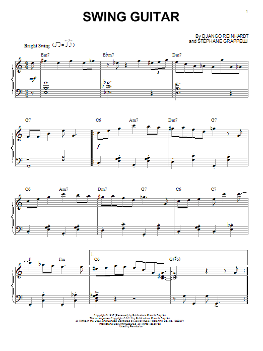 Learn to play Django Reinhardt Swing Guitar (arr. Brent Edstrom) sheet music for Piano Solo in minutes. Django Reinhardt Swing Guitar (arr. Brent Edstrom) sheet music notes and chords. Download Printable PDF.