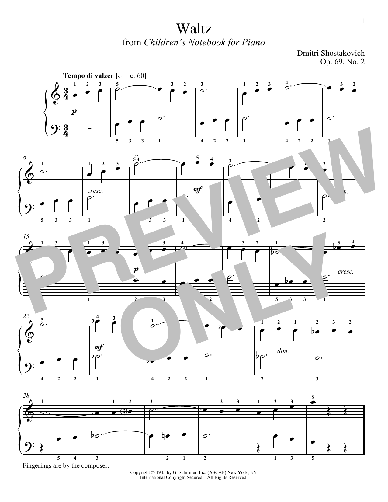 Dmitri Shostakovich Waltz, Op. 69, No. 2 Sheet Music Notes, Chords Ami |  Download Printable Piano Solo PDF Score - SKU: 189960
