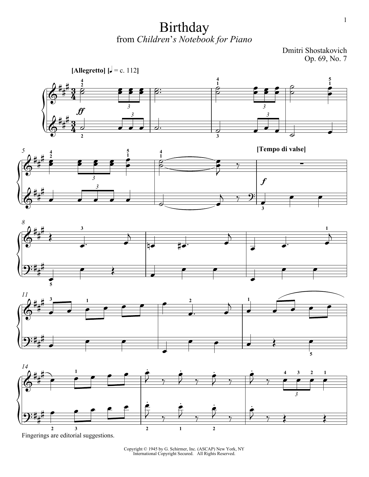 Dmitri Shostakovich Birthday sheet music notes and chords. Download Printable PDF.