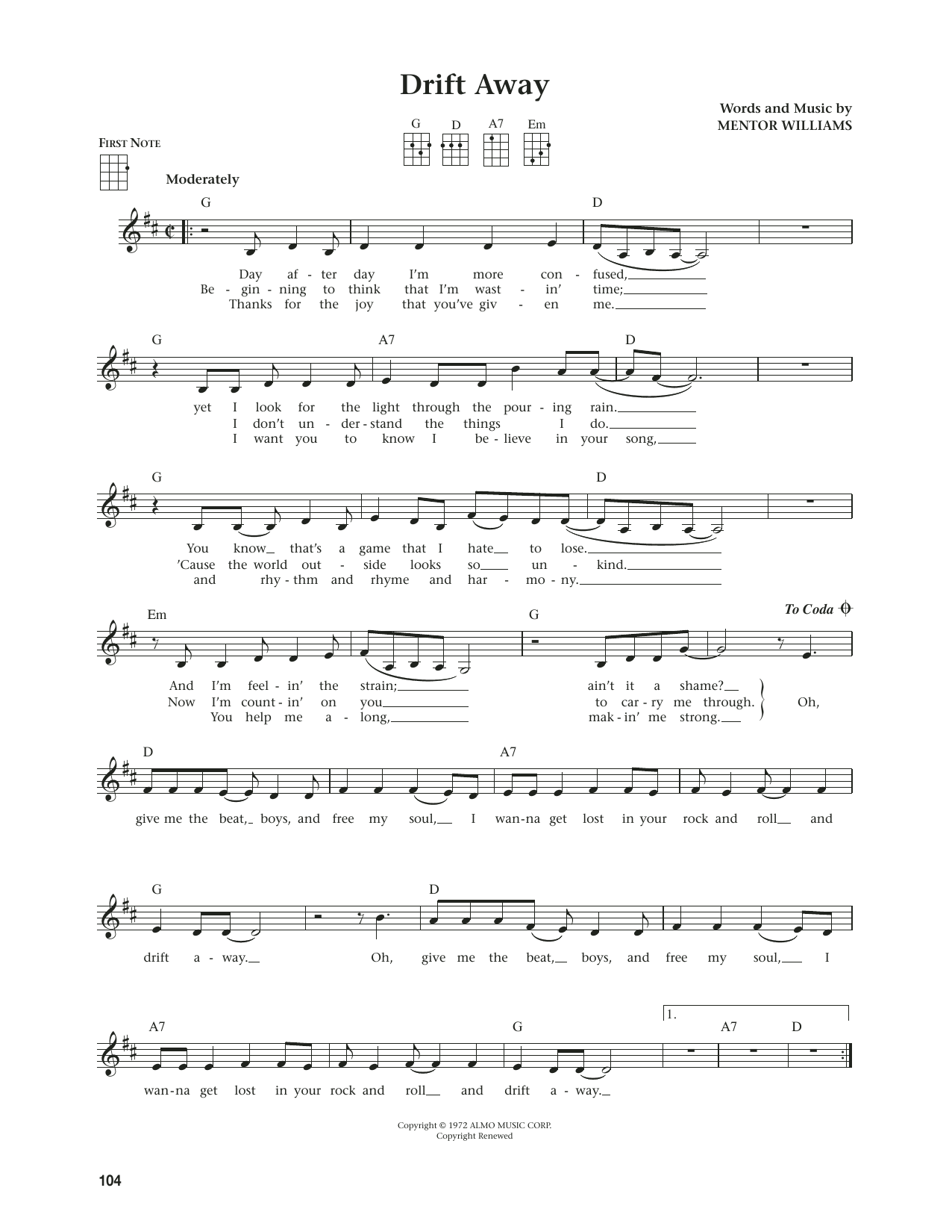 Dobie Gray Drift Away (from The Daily Ukulele) (arr. Jim Beloff) sheet music notes and chords. Download Printable PDF.