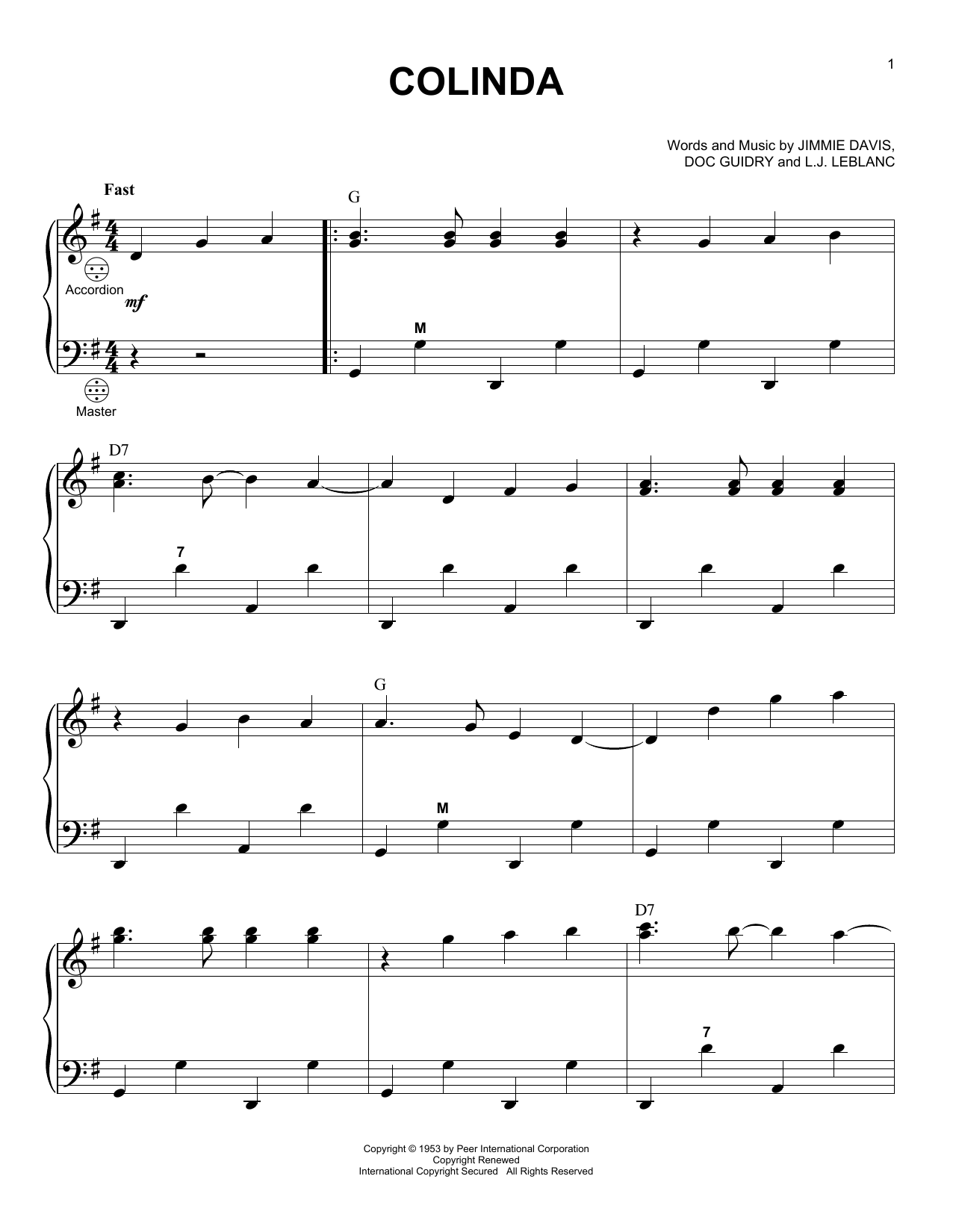 Doc Guidry Colinda sheet music notes and chords. Download Printable PDF.