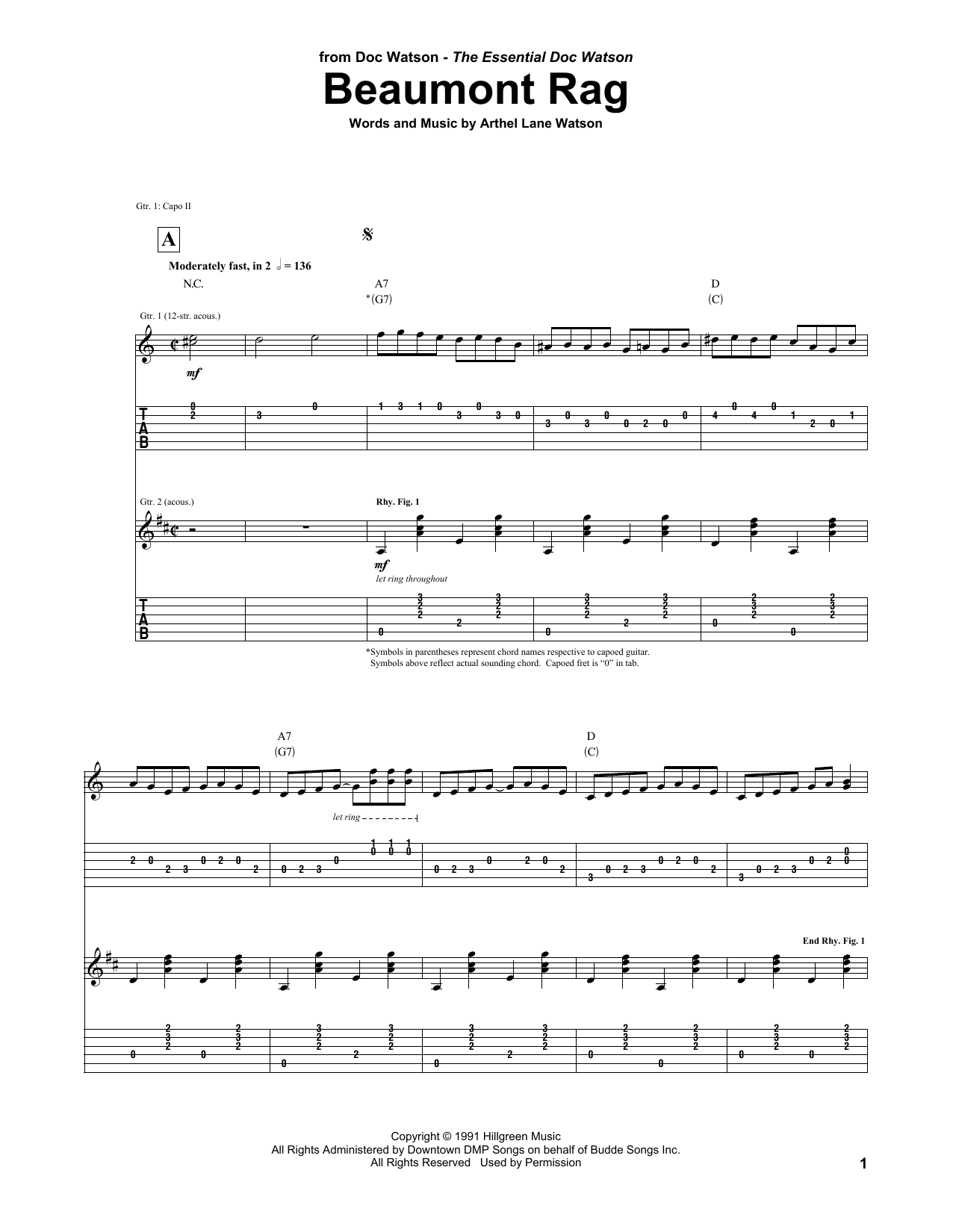 Doc Watson Beaumont Rag sheet music notes and chords. Download Printable PDF.