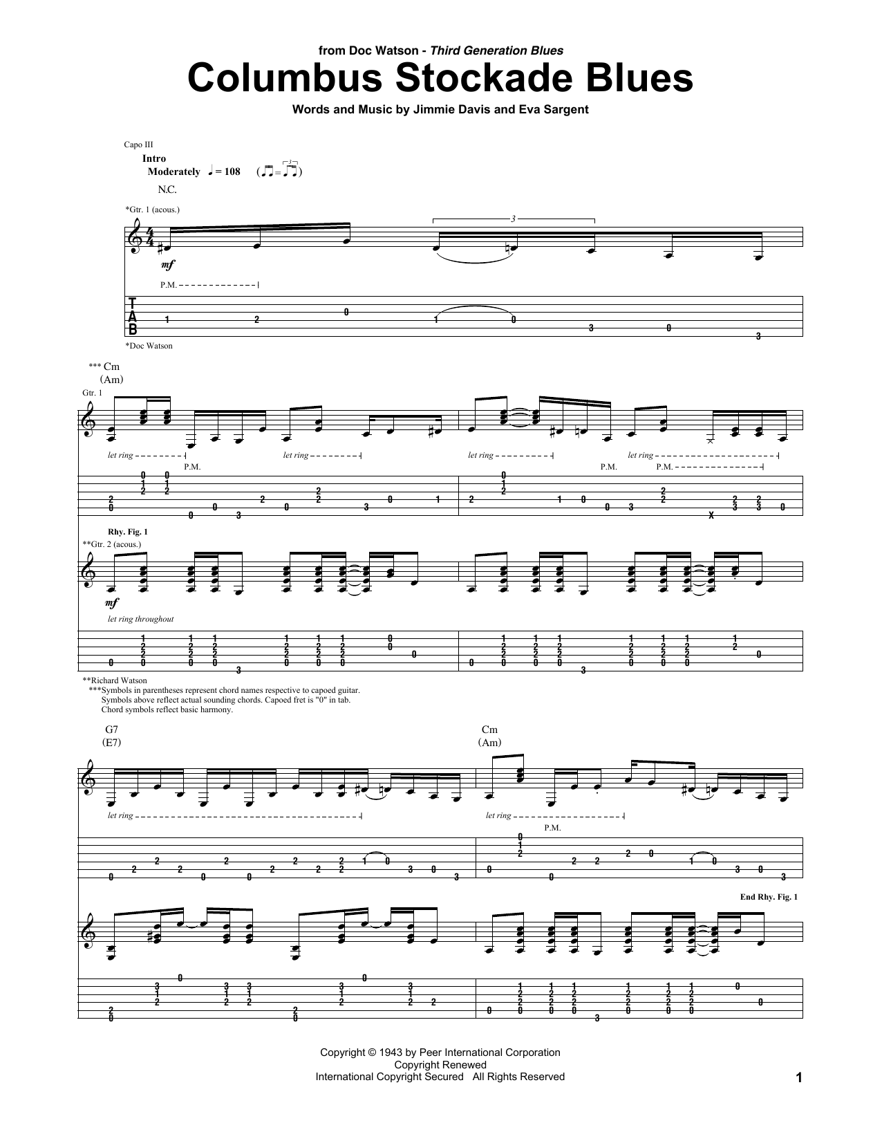 Doc Watson Columbus Stockade Blues sheet music notes and chords. Download Printable PDF.