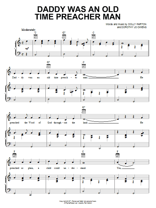 Learn to play Dolly Parton Daddy Was An Old Time Preacher Man sheet music for Piano, Vocal & Guitar (Right-Hand Melody) in minutes. Dolly Parton Daddy Was An Old Time Preacher Man sheet music notes and chords. Download Printable PDF.