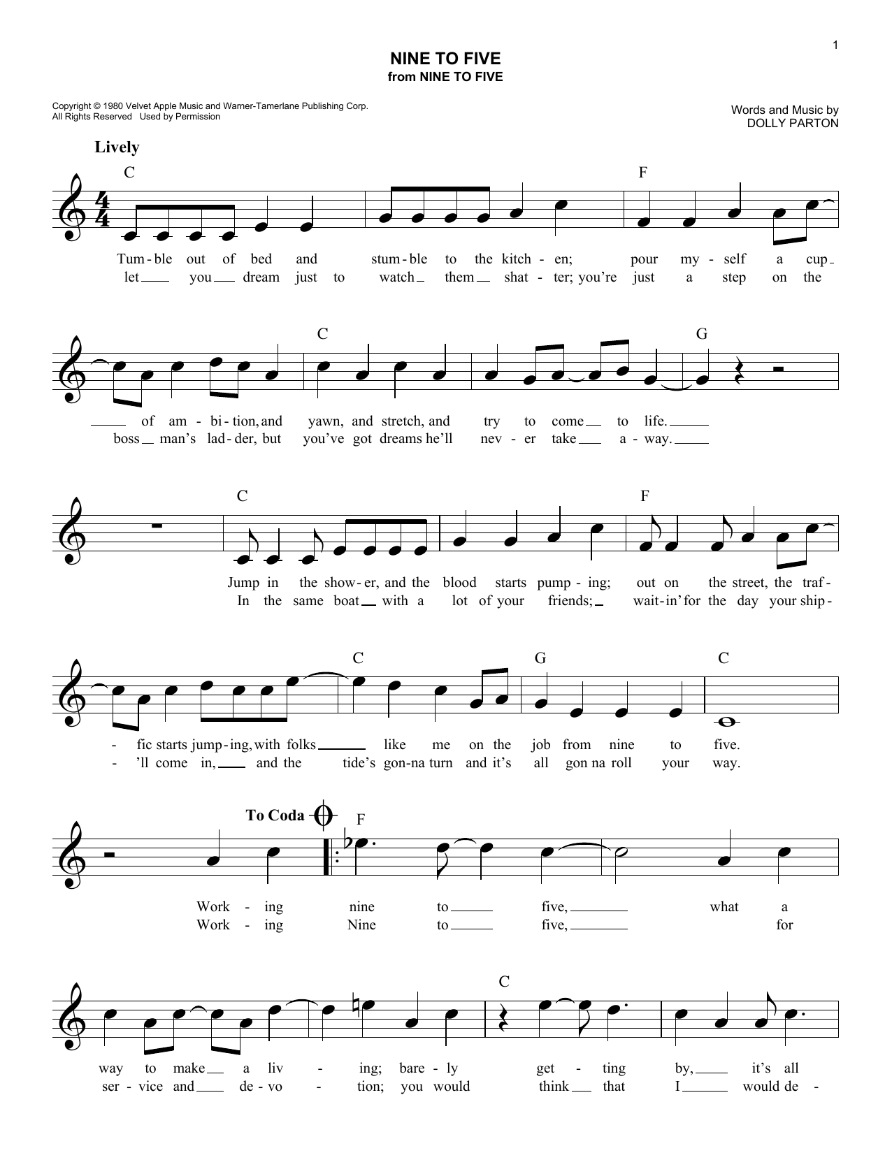 Dolly Parton Nine To Five sheet music notes and chords. Download Printable PDF.