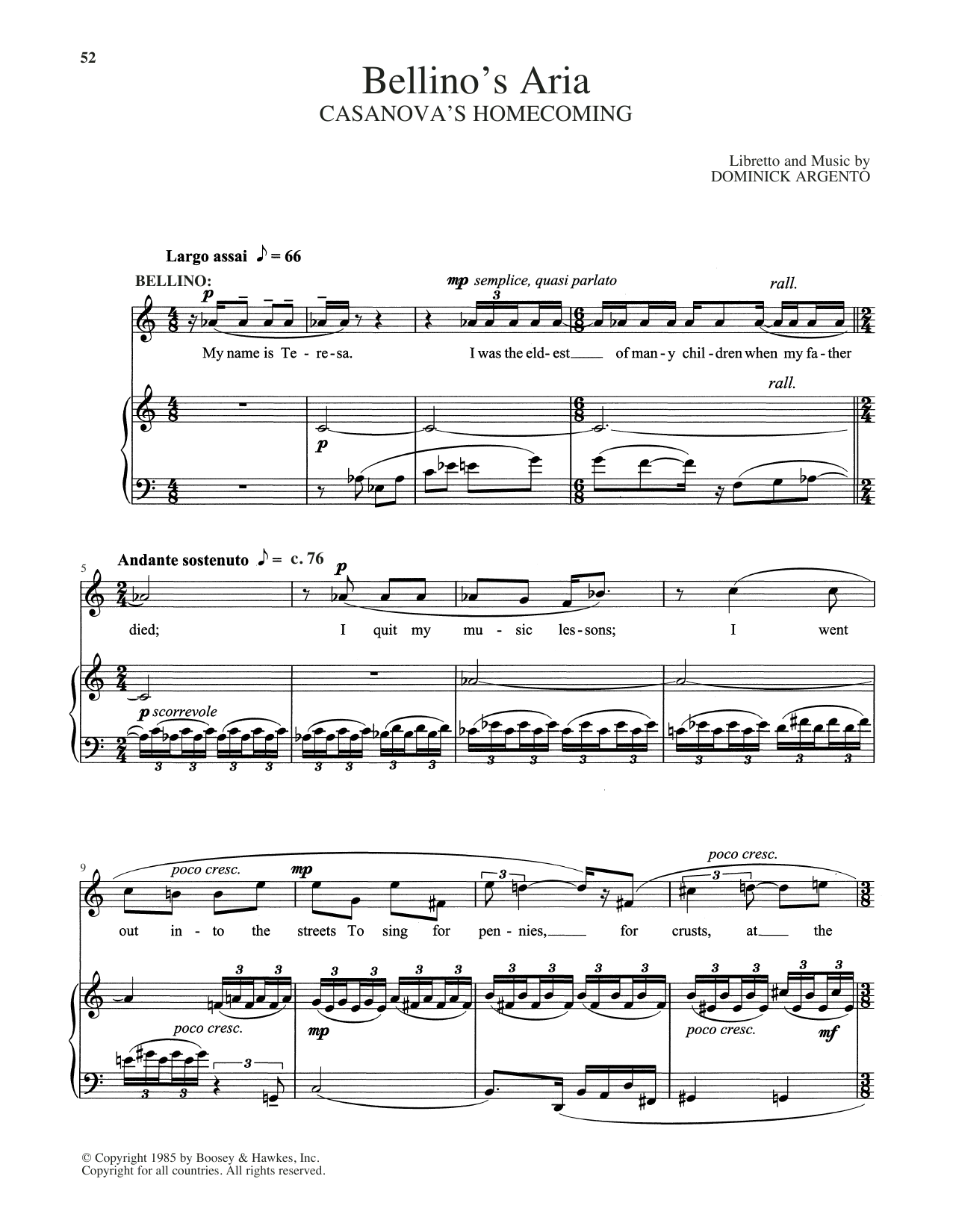 Dominick Argento Bellino's Aria sheet music notes and chords. Download Printable PDF.